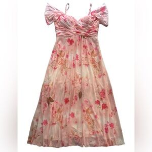 Pink Floral Bridesmaid Dress with Pockets, Side Slit & Tie Back